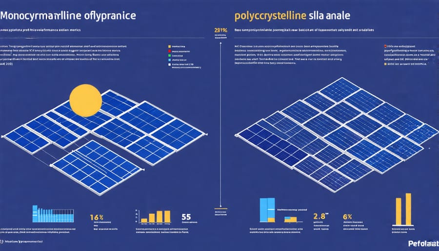 Infographic with efficiency ratings, temperature coefficients, and low-light performance data for monocrystalline and polycrystalline solar panels