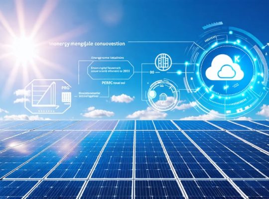 "Illustration of a high-tech monocrystalline solar panel array capturing sunlight with infographic elements highlighting efficiency features such as PERC technology and bifacial cells."