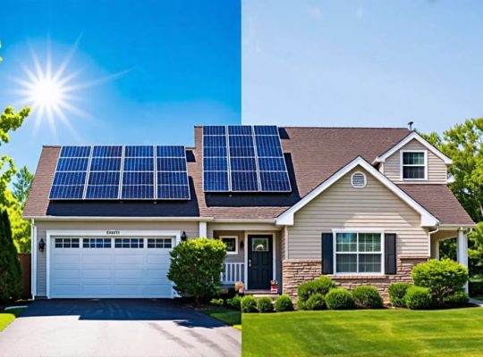 Side-by-side comparison of a house roof with solar shingles on one side and traditional solar panels on the other under a sunny sky, illustrating the differences in aesthetics and integration.