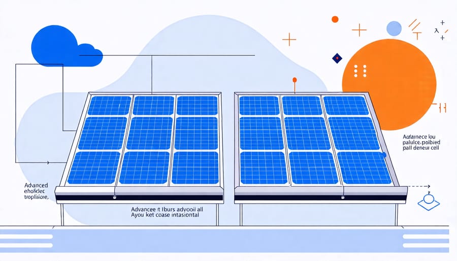 Illustration showing the layers and efficiency enhancements of modern photovoltaic cells