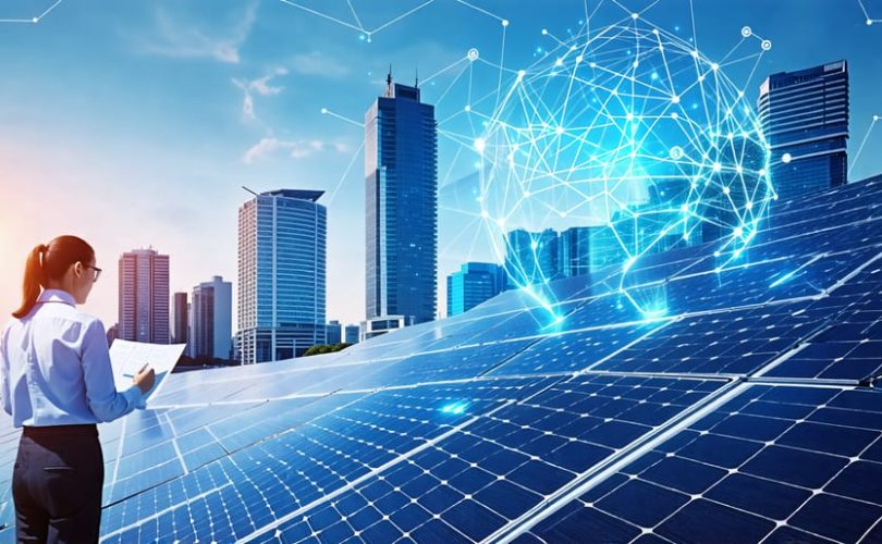 Conceptual image illustrating AI algorithms enhancing solar panel efficiency, with data patterns and a futuristic cityscape. Represents the collaboration between universities and industry in solar energy innovation.