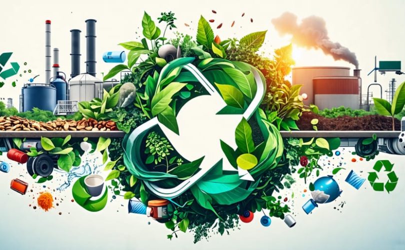 A conceptual illustration of waste transformation in a circular economy, showing the continuous flow from design to recycling and the creation of new products from recycled materials.