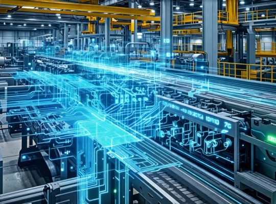 A conceptual illustration showing a digital twin in manufacturing, with factory equipment overlaid by a transparent digital model representing virtual connectivity and real-time data integration.