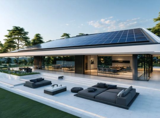 A modern home with sleek, integrated solar roof tiles showcasing the aesthetic and functional benefits of building-integrated photovoltaics.