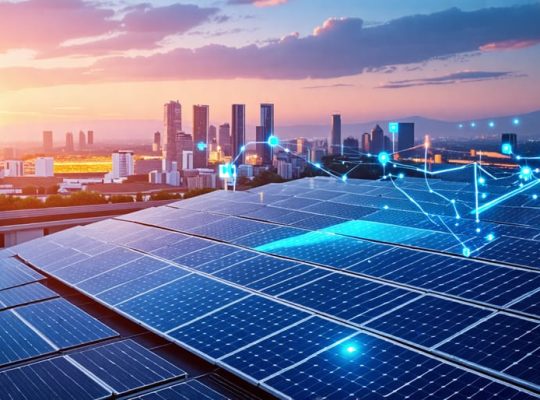 A futuristic cityscape showcasing solar panels on rooftops and a solar farm in the distance, with digital lines overlaying the scene to represent smart grid energy flow, symbolizing advancements in solar technology and energy distribution.