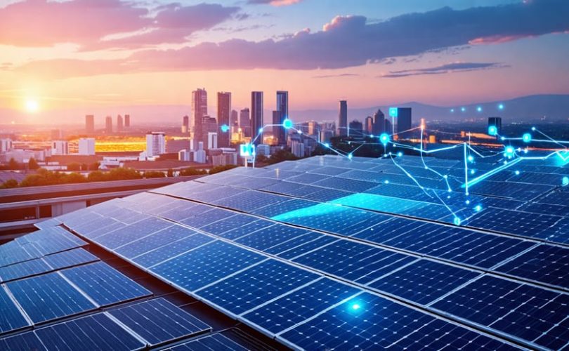 A futuristic cityscape showcasing solar panels on rooftops and a solar farm in the distance, with digital lines overlaying the scene to represent smart grid energy flow, symbolizing advancements in solar technology and energy distribution.