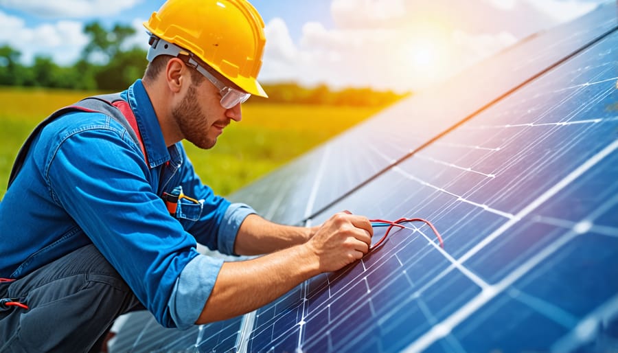 Solar technician carefully examining wiring and connections on a solar panel