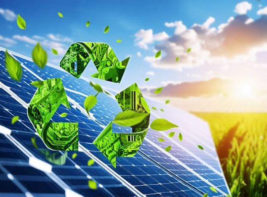 Solar panel surrounded by symbols of sustainability, including recycling arrows and green leaves, with circuit patterns representing technological innovation.