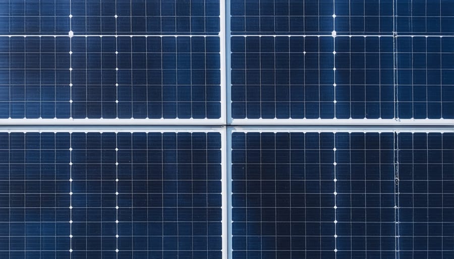 Monocrystalline solar panel close-up showing dark, uniform cells.