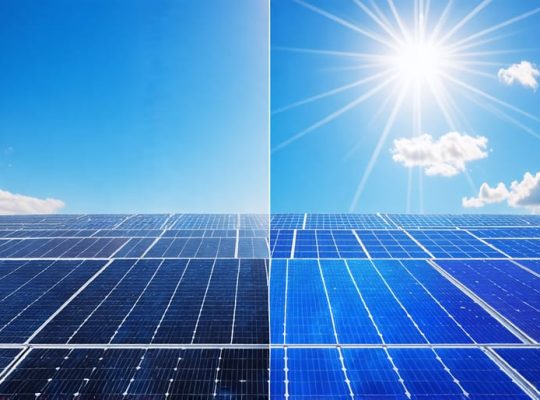 Comparison of monocrystalline and polycrystalline solar panels showing their distinct color and crystalline structure with a backdrop of a solar farm under the sun