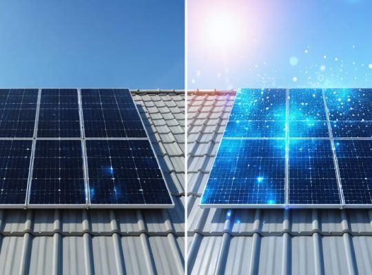 Comparison of monocrystalline and polycrystalline solar panels, highlighting differences in color and cell structure; monocrystalline panel is dark with rounded edges, and polycrystalline panel is blue and speckled with square edges.