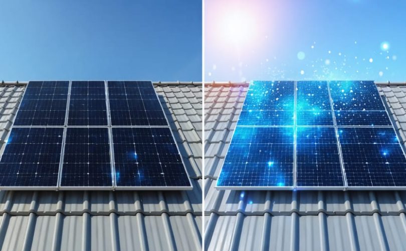 Comparison of monocrystalline and polycrystalline solar panels, highlighting differences in color and cell structure; monocrystalline panel is dark with rounded edges, and polycrystalline panel is blue and speckled with square edges.