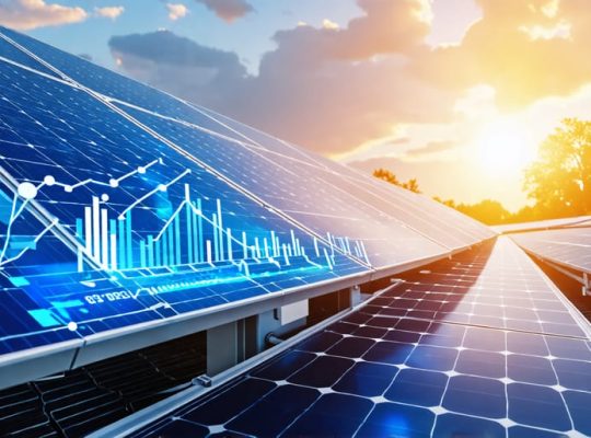 A series of solar panels optimally positioned toward the sun, accompanied by technology icons and efficiency graphs, illustrating the enhancement of solar panel performance through technological advancements.