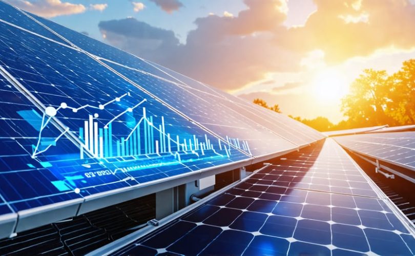 A series of solar panels optimally positioned toward the sun, accompanied by technology icons and efficiency graphs, illustrating the enhancement of solar panel performance through technological advancements.