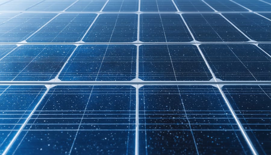 Polycrystalline solar panel close-up featuring blue, speckled cells.