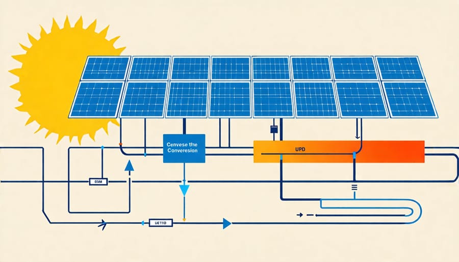 Graphic representing how solar panels convert sunlight into electricity through energy conversion