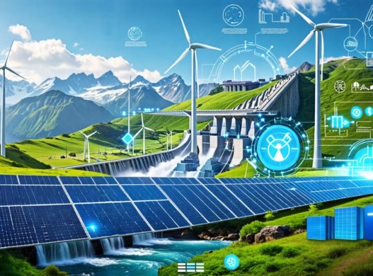 Visual collage showcasing various renewable energy storage technologies, including wind turbines, solar panels, battery schematics, and hydroelectric dams, symbolizing the innovative and natural aspects of the renewable energy transition.