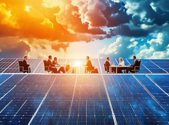 A creative collage illustrating solar panels, business professionals strategizing, and dynamic weather patterns, symbolizing resilience and adaptability in a solar business.