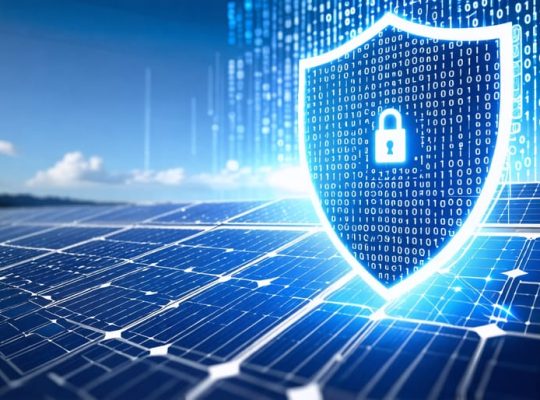 Conceptual illustration of solar panels surrounded by a protective digital shield with binary code and digital locks, representing cybersecurity in solar energy systems.