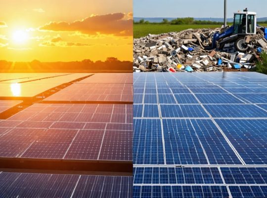 A dual-themed image illustrating the balance between harnessing solar energy and the challenges of solar panel waste disposal, highlighting sustainable energy and recycling efforts.