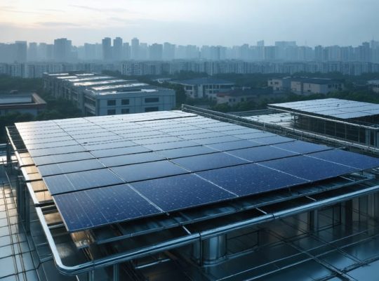 "Futuristic city skyline with solar panel rooftops and solar farms, illustrating the integration of solar energy as a key cost-efficient and sustainable power source."