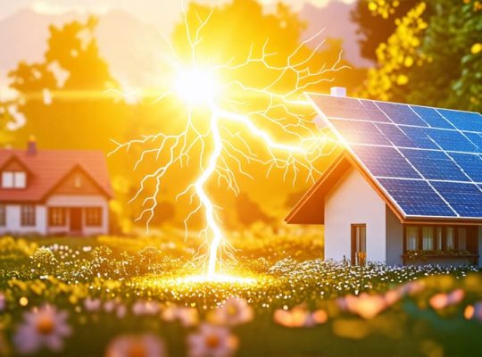 Illustration showing sunlight being converted into electricity by a solar panel, with electric currents powering a home, representing solar panel efficiency.