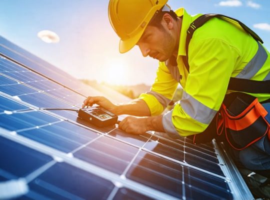 A professional technician in safety gear inspecting a solar panel installation using a multimeter, with bright sunlight and a clear sky in the background.