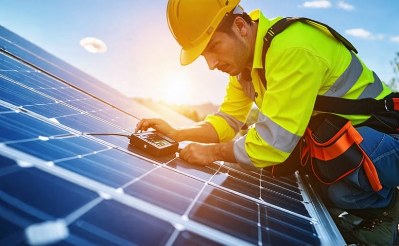 A professional technician in safety gear inspecting a solar panel installation using a multimeter, with bright sunlight and a clear sky in the background.