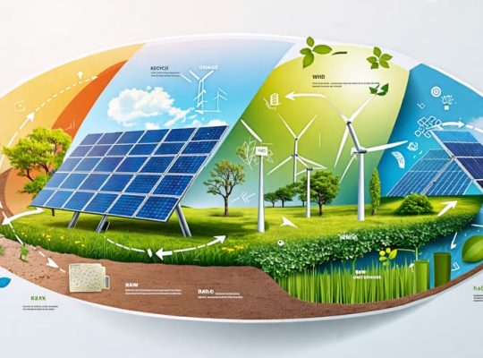 Conceptual illustration showing the lifecycle of solar panels from raw material extraction to recycling, depicted in a circular layout with silicon wafers, glass, and aluminum frames.