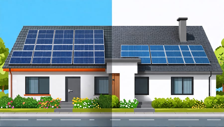 Visual comparison between conventional solar panels and photovoltaic roofing shingles