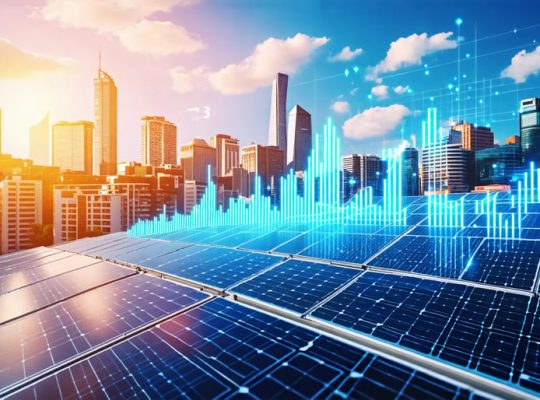 A futuristic cityscape powered by solar energy with overlayed graphs and charts representing financial growth and sustainability in solar energy investments.