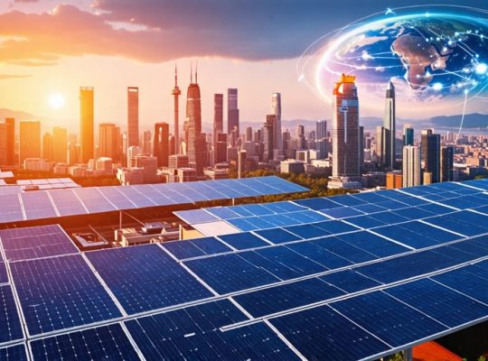 A futuristic cityscape seamlessly powered by solar energy, showcasing solar panels on buildings and vehicles with hints of space-based solar power stations in orbit and digital elements representing AI integration.