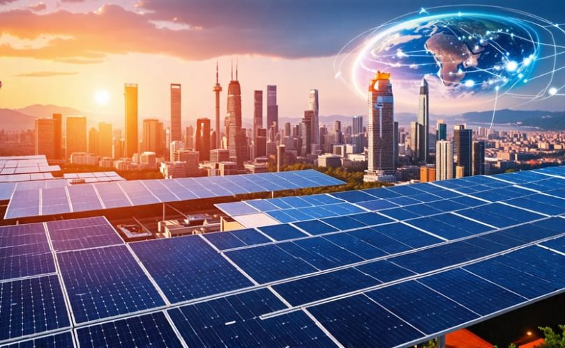 A futuristic cityscape seamlessly powered by solar energy, showcasing solar panels on buildings and vehicles with hints of space-based solar power stations in orbit and digital elements representing AI integration.