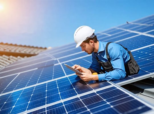 Technician inspecting solar panels on a rooftop with a checklist and monitoring device, representing essential maintenance for optimal performance.