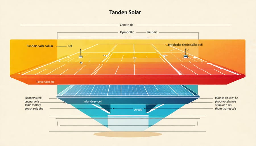 Illustration of a tandem solar cell's layered structure and component materials.