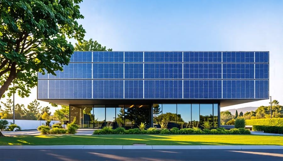 Thin-film solar panels incorporated into a building's exterior design.