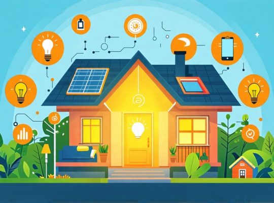 Cozy home with energy efficiency symbols and an energy auditor with a clipboard, emphasizing home energy testing and optimization.