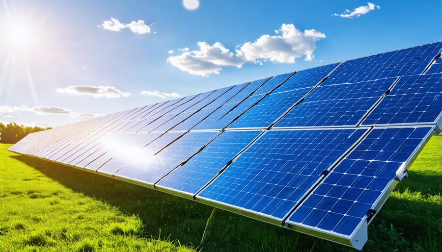 Solar panels installed in a field under both clear and cloudy skies