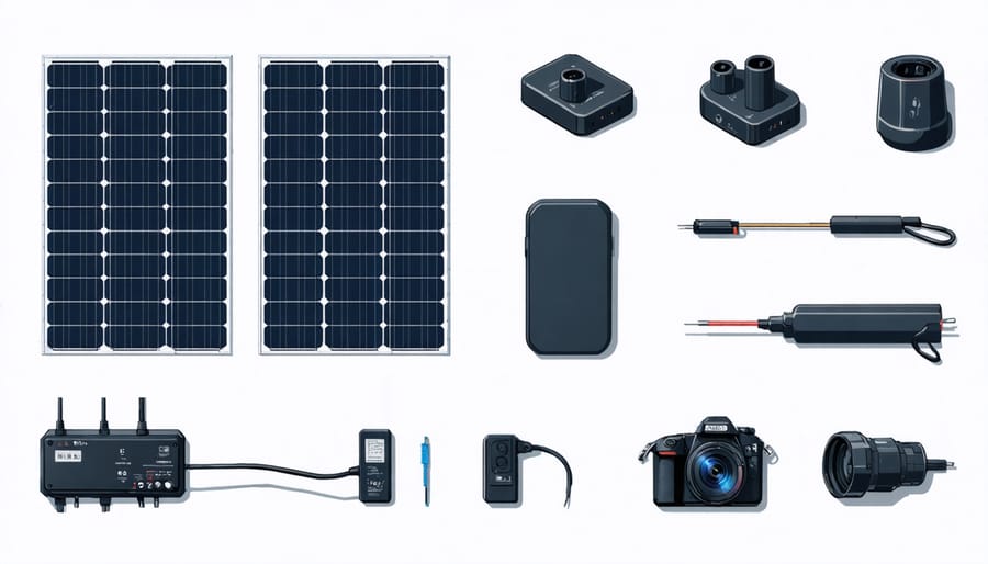 Illustration showing the main components of a solar panel disassembled and labeled for recycling