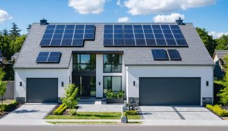 A modern suburban neighborhood showcasing homes equipped with solar roof tiles, efficiently harnessing sunlight to promote clean energy and sustainability.