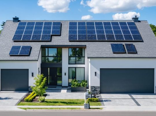 A modern suburban neighborhood showcasing homes equipped with solar roof tiles, efficiently harnessing sunlight to promote clean energy and sustainability.