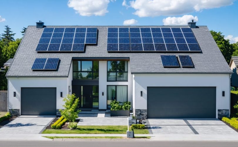 A modern suburban neighborhood showcasing homes equipped with solar roof tiles, efficiently harnessing sunlight to promote clean energy and sustainability.