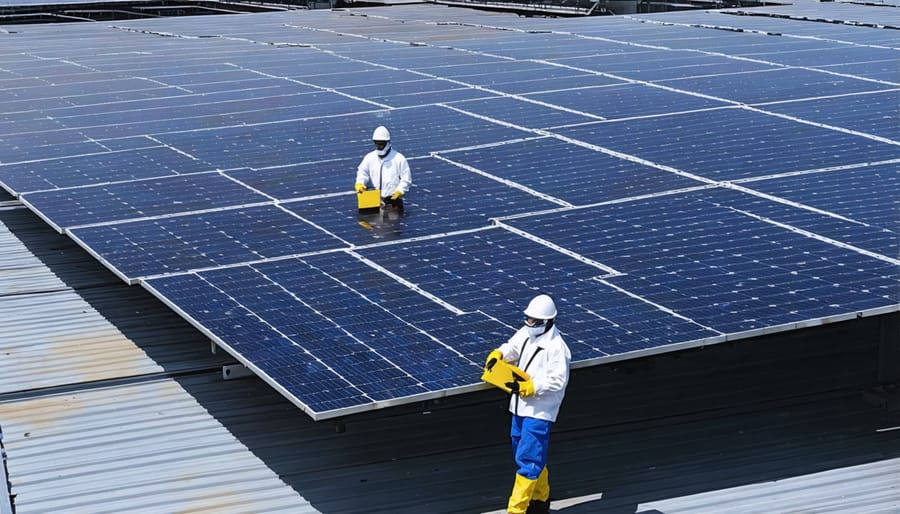 Technicians in protective equipment disassembling and sorting solar panels at a specialized recycling center