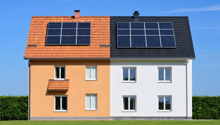 Side-by-side comparison of houses with traditional solar panels and solar roof tiles