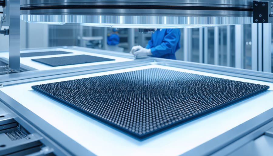 Silicon solar cell wafer undergoing processing in sterile factory environment